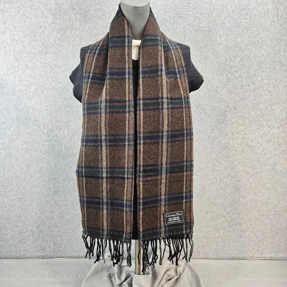 Christian Dior Vintage Brown Plaid Lambswool Scarf Made in England Fringed